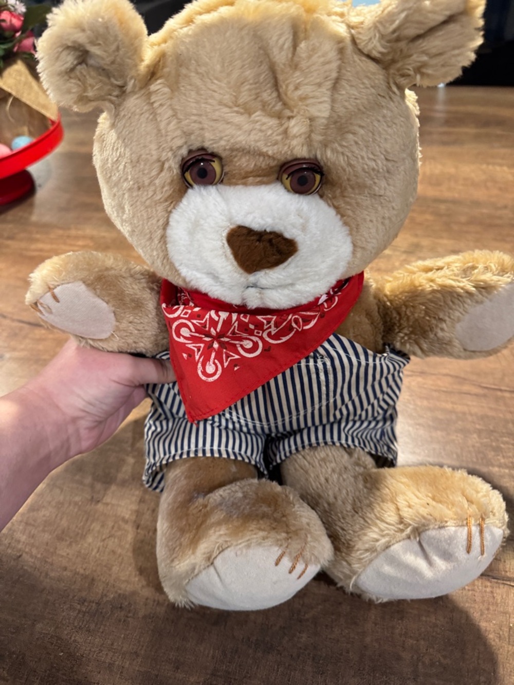 Plush Tan Teddy Bear with Red Bandana and Striped Shorts - Soft Cuddly Toy